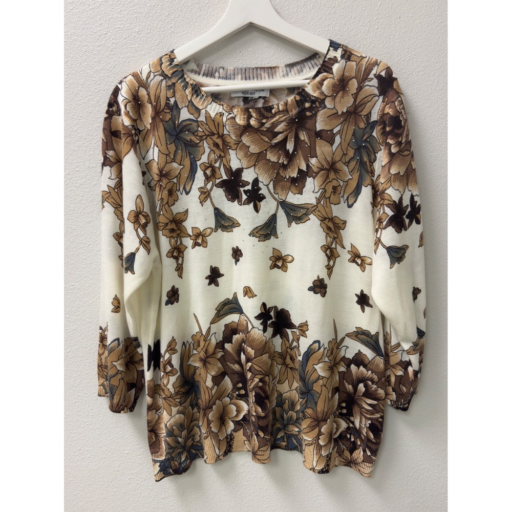Rebecca Malone Floral Sweater Womens Plus Cream Brown Rhinestone Knit